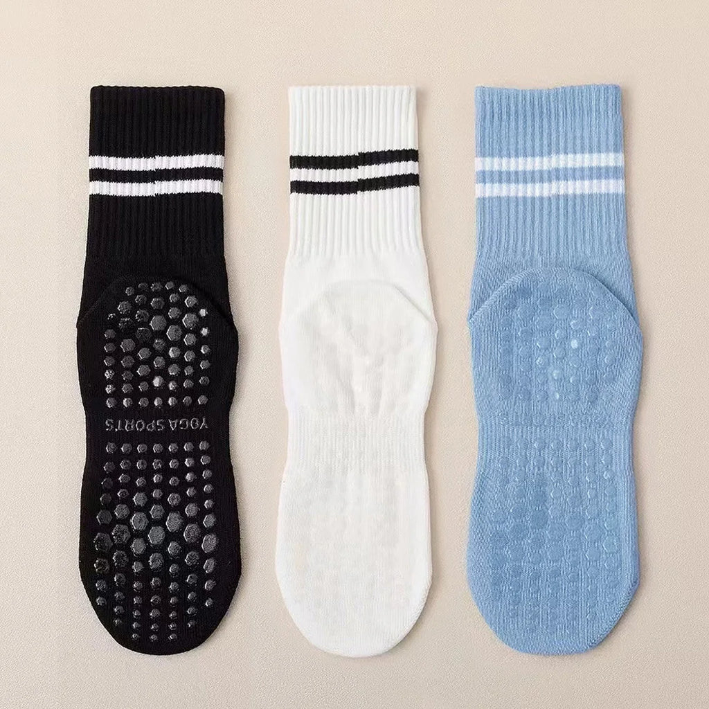 3 Pairs Striped Grip Socks with Anti-Slip & Shock Absorbing Soles