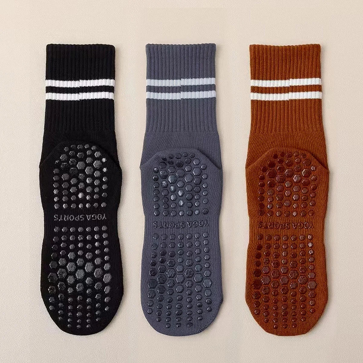 3 Pairs Striped Grip Socks with Anti-Slip & Shock Absorbing Soles